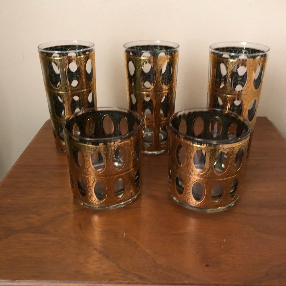 Vintage Mid Century Culver Gold and green bar ware Glass Set